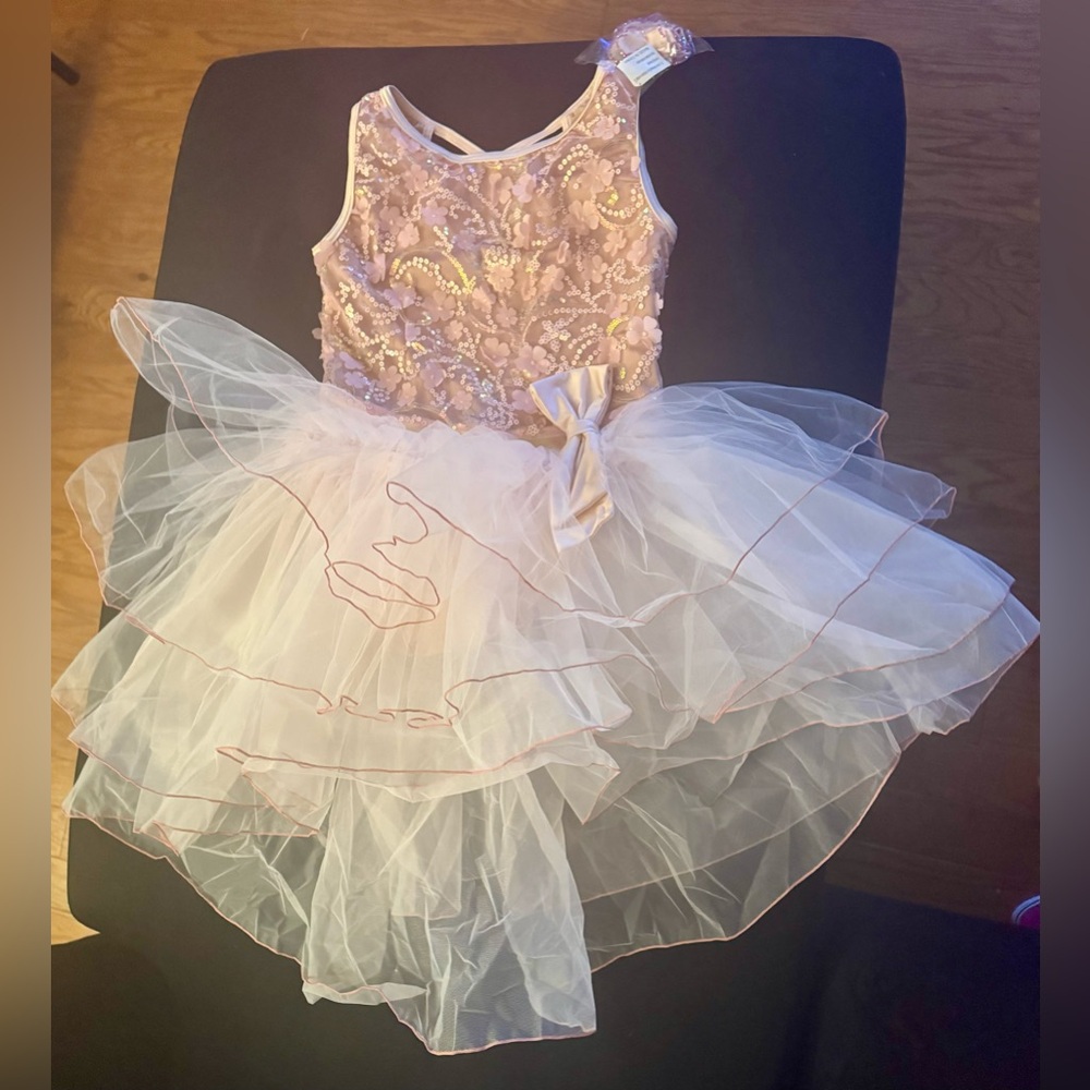 Weissman XLC Youth Dance Costume – Sequin Floral Tutu Dress + Hair Clip